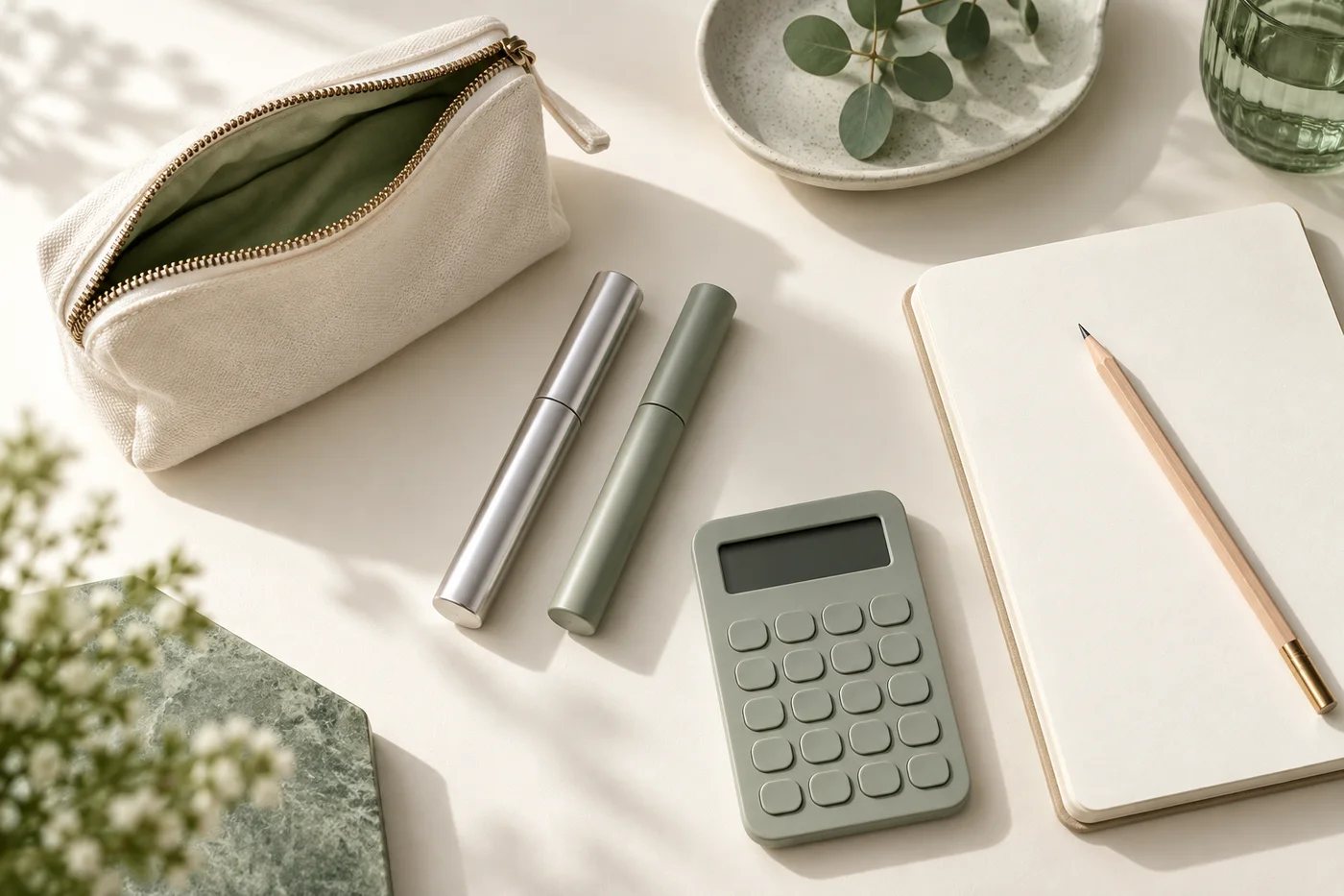 Cosmetic pouch, unbranded tubes and calculator illustrating a beauty budget