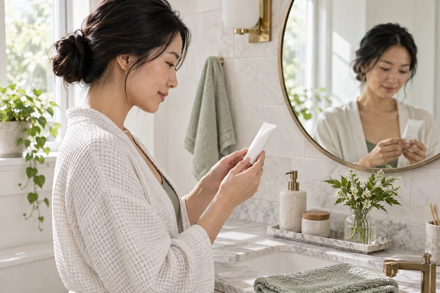 Woman reviewing a cosmetic label at a bathroom mirror